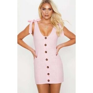 PrettyLittleThing,NWT, Dusty Pink Button Up Tie Strap Bodycon Mini Dress